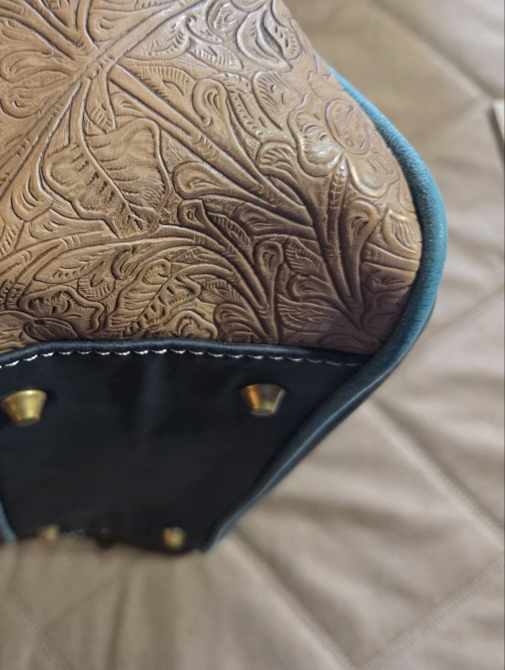 Montana West Conceal Carry Teal Tooled Floral Tote Bag with Buckle Strap - Picture 11 of 15